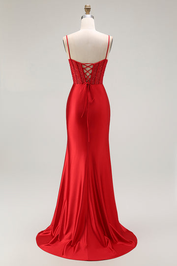 Red Mermaid Spaghetti Straps Corset Pleated Long Prom Dress with Slit